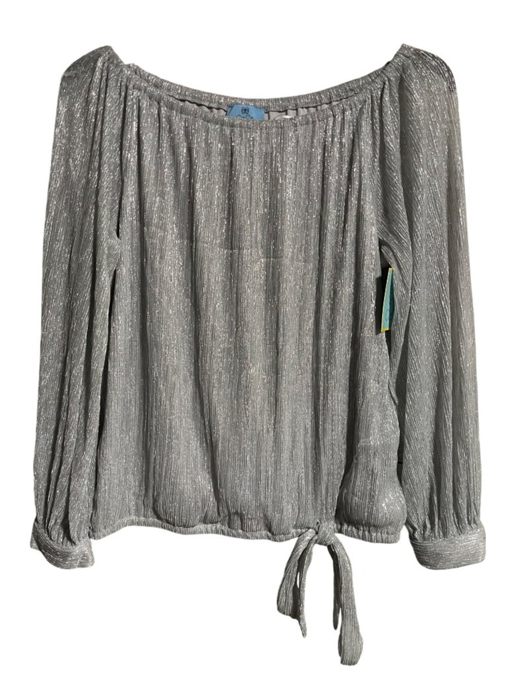 CeCe Shimmering Off The Shoulder Blouse Womens L Metallic Gray Holiday Party NYE